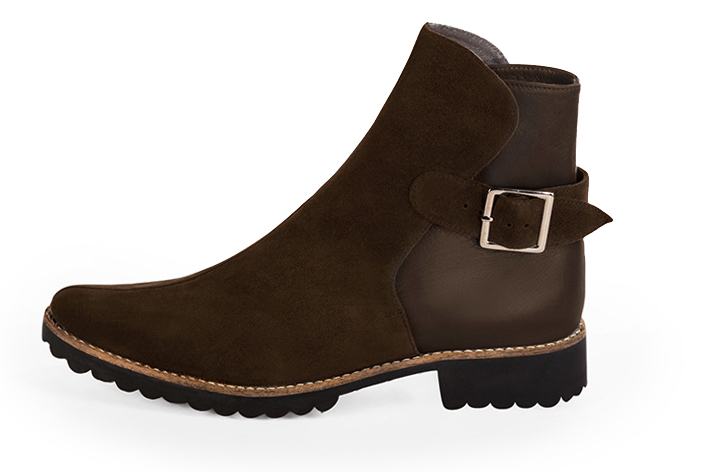 Dark brown women's ankle boots with buckles at the back. Round toe. Flat rubber soles. Profile view - Florence KOOIJMAN